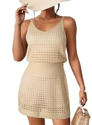 Dokotoo Women's Swimwear Cover Ups 2025 Summer Scoop Neck Sleeveless Bathing Suit Crochet Hollow Out Spaghetti Straps Cruise Resort Wear Outfits Beach Dresses for Women Apricot Small - Image 1