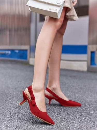 Coutgo Womens Slingback Kitten Heels Closed Pointed Toe Bowknot Knitted Slip On Work Pumps Dress Shoes Red - Image 2