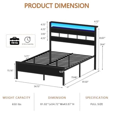 Furnulem Full Size Bed Frame with LED Light and Charging Station, Wood Storage Headboard with 2-Tier Shelves, Metal Platform Bed with Heavy Duty Slats Support, No Box Spring Needed, Black Oak - Image 8