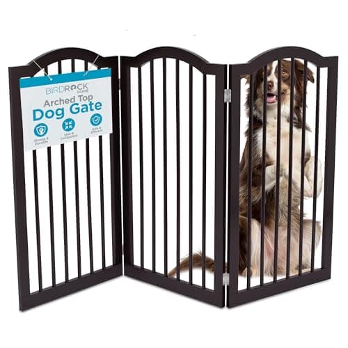 INTERNET'S BEST Arched Top Dog Gate | 3 Panel, 36" H Wooden Pet Barrier for Dogs or Cats | Freestanding Folding Room Divider for Doorways, Hallways, Stairs, and Porch | Portable, Extra Wide | Espresso - Image 1