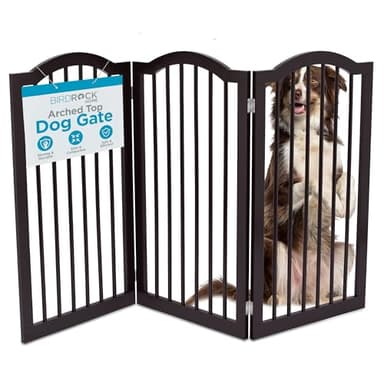INTERNET'S BEST Arched Top Dog Gate | 3 Panel, 36" H Wooden Pet Barrier for Dogs or Cats | Freestanding Folding Room Divider for Doorways, Hallways, Stairs, and Porch | Portable, Extra Wide | Espresso - Image 1