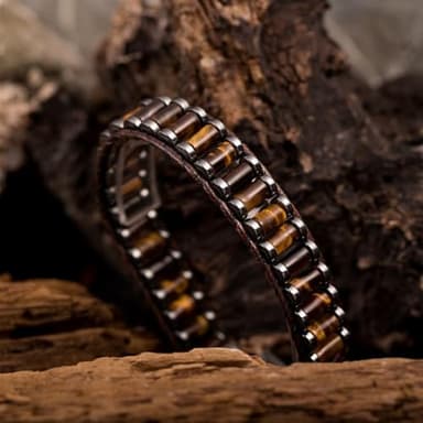 KSQS Protection Bracelet for Man, Hematite Tiger's Eye Beaded Gemstone Chakra Bracelet, Leather Cuff Adjustable Bracelet for Anxiety and Stress(#1) - Image 3