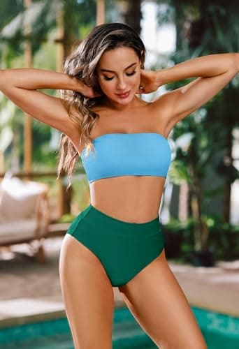 Pink Queen High Waisted Bathing Suit for Women Removable Strap High Leg Two Piece Bikini Set Swimsuits Green L - Image 2