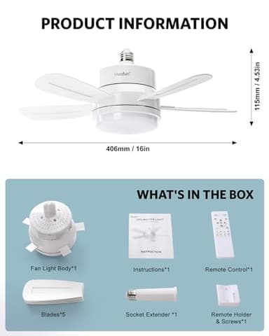 15.7" Socket Fan with Light and Remote, 3000K-6500K, 1700LM, Wireless Screw in Light Socket Fan for Bedroom, Kitchen, Living Room, Garage, E26 Base - Image 6
