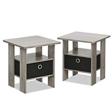 Furinno Andrey Set of 2 End Table / Side Table / Night Stand / Bedside Table with Bin Drawer, French Oak Grey - Image 1