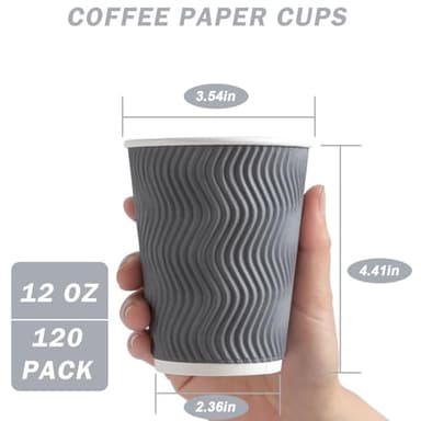 Clawsoff Coffee Cups 12 oz 120 Pack, Corrugated Insulated Ripple Wall Disposable Paper Coffee Cups 12oz, To Go for Hot Beverage or Cold Drinks Office/Home/Cafe/Party/Travel (Gray) - Image 2