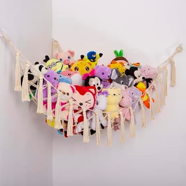 YKBU Stuffed Animals Hammock Corner Hanging Net with Wooden Beads Macrame Stuffed Animal Storage Ideas Plush Holder Toy Organizer for Boho Nursery Playroom Bedroom Kids Room Decor (cream, X-Large) - Image 1