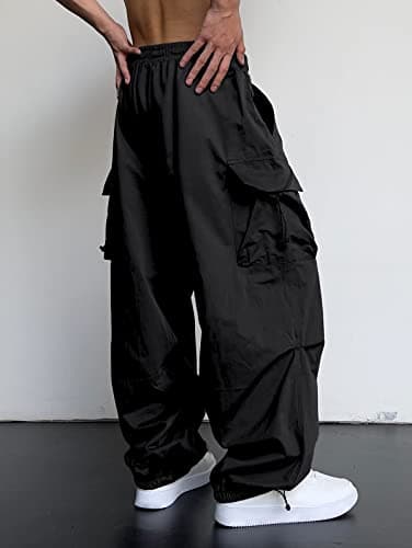 ZAFUL Flat Pocket Parachute Pants for Men Causal Baggy Cargo Pants Unisex Street Y2K Pants Drawstring Trousers Black XL - Image 5
