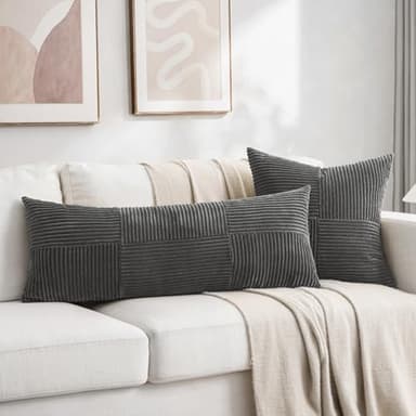 Fancy Homi 2 Packs Dark Gray Decorative Throw Pillow Covers 18x18 Inch for Living Room Couch Sofa, Rustic Farmhouse Boho Home Decor, Soft Corss Corduroy Patchwork Textured Square Cushion Case 45x45 cm - Image 6