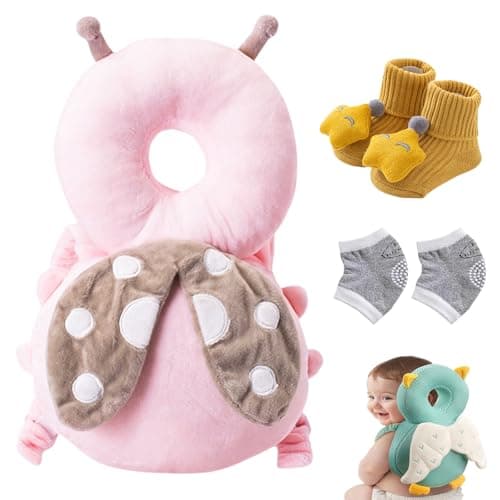FIXAPIWK Baby Head Protection Backpack for Crawling and Walking Adjustable with Baby Knee Pads (Pink Ladybugs) - Image 1