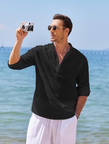 COOFANDY Men's Cotton Linen Henley T-Shirts Long Sleeve Hippie Casual Beach T-Shirts Black - Image 7