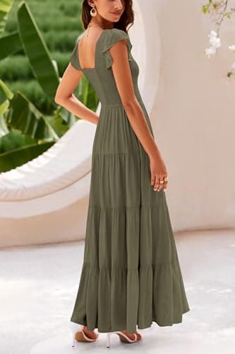 PRETTYGARDEN Women's Summer Flowy Maxi Dress Casual Cap Sleeve V Neck Smocked Beach Sundress (Solid Army Green,Medium) - Image 2