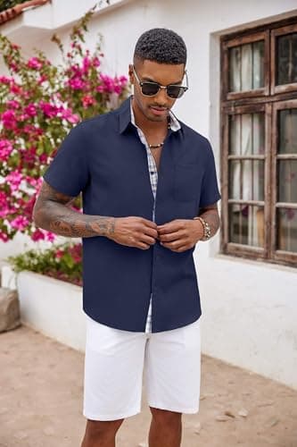 COOFANDY Men's Summer Shirt Short Sleeve Button Up Shirt Regular Fit Tropical Holiday Beach Shirts Navy Blue - Image 3