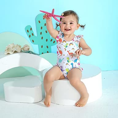 YOUNGER TREE Toddler Baby Girls Swimsuit Infant One Piece Bathing Suits Cute Dinosaur Beach Wear Sunsuit Ruffle Swimwear (3T-4T, White)… - Image 3