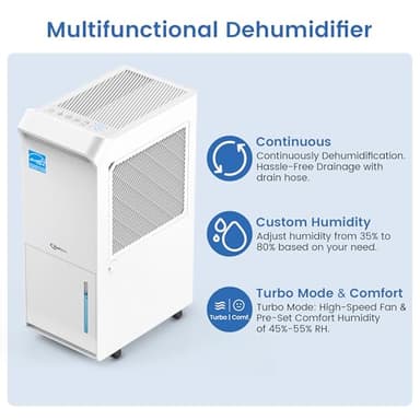 3,500 Sq.Ft Most Efficient Energy Star 2024 Dehumidifier, Vellgoo Max 60 Pint/D (Standard 35 Pint/D) Compressor Dehumidifier with Drain Hose, Intelligent Humidity Control for Basement, Home, Bedroom - Image 3