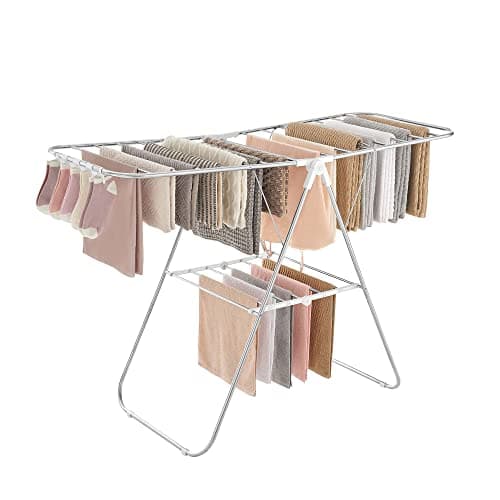 SONGMICS Clothes Drying Rack, with Sock Clips, Metal Laundry Rack, Foldable, Space-Saving, Free-Standing Airer, with 2 Height-Adjustable Gullwings, Indoor Outdoor Use, Silver and White ULLR052W01 - Image 1