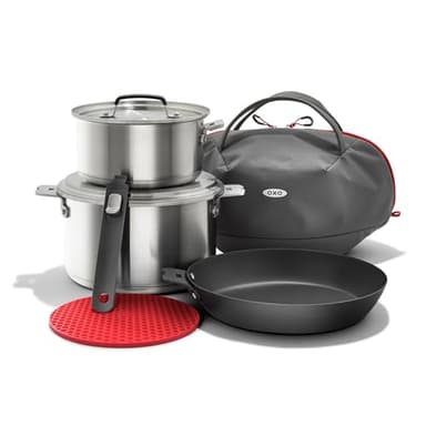 OXO Outdoor 8 Piece Camping Cookware Set, 10" Pre-Seasoned Carbon Steel Frying Pan Skillet, 2.25QT and 5QT Stainless Steel Saucepans with Lids, Removeable Handle, Trivet, Travel Bag, Space-Saving - Image 1
