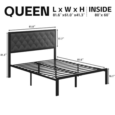 Fluest Queen Bed Frame with Headboard Linien Upholstered Bed Frame Platform,All Metal Slats Support Platform Bed Frame with Storage Space,Easy Assembly,Noise Free,No Box Spring Needed,Grey - Image 2