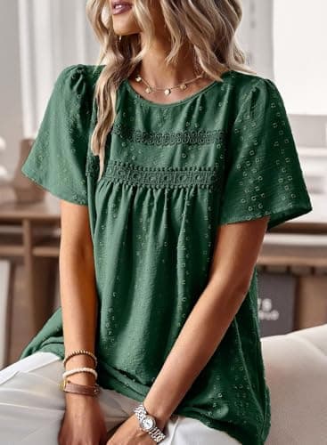 Falechay Dressy Tops Round Neck Flowy Dressy Tunic Tops Babydoll Cute Shirts for Women Loose Pom Pom Short Sleeve Dark Green Blouses Plus Size Clothes XL - Image 2