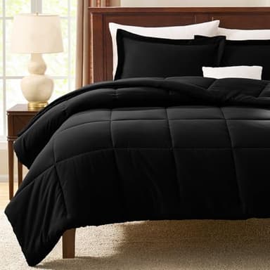 CozyLux Queen Comforter Set Black - 3 Pieces Box Stitched Comforters Queen Size, Soft Bed Set for All Seasons, Lightweight Bedding Sets with 1 Down Alternative Comforter and 2 Pillow Shams - Image 7
