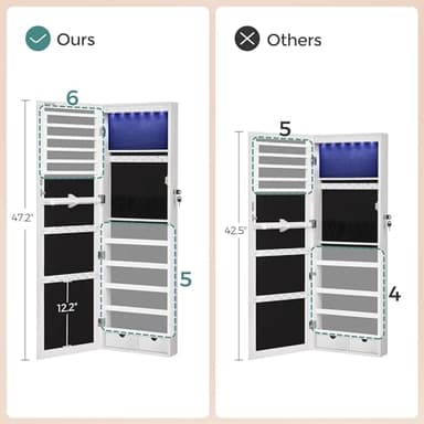 SONGMICS 6 LEDs Mirror Jewelry Cabinet, 47.2-Inch Tall Lockable Wall or Door Mounted Jewelry Armoire Organizer with Mirror, 2 Drawers, 3.9 x 14.6 x 47.2 Inches, White UJJC93W - Image 7
