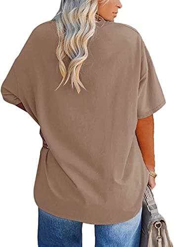 Women's Plus Size V Neck T Shirts Summer Half Sleeve Tees Casual Loose Fit Cotton Tunic Tops Khaki - Image 2
