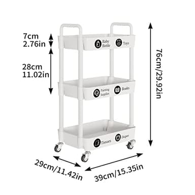 Laiensia 3-Tier Rolling Cart with Wheels,Multifunction Utility Storage carts, Kitchen Storage Organizer,Mobile Shelving Unit for Bathroom,Laundry,with Classified Stickers,White - Image 6