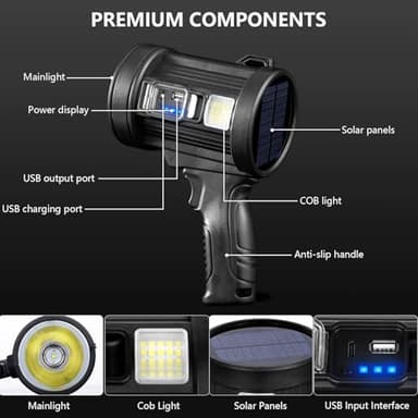 MIXILIN Rechargeable Spotlight, 90,000 Lumens Handheld Hunting Flashlight Led Spot Light with Cob Light and Solar Panels, Lightweight and Super Bright Spotlight for Hunting Boating Camping - Image 4