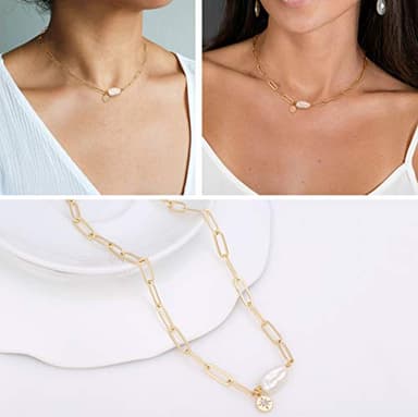 Aobei Pearl Chunky 18k Gold Chain Choker Necklace Freshwater Biwa Pearl Pendant CZ Starburst Charm Statement Jewelry for Women 16’’ - Image 5