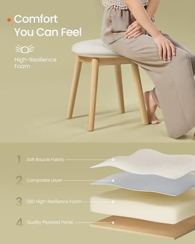 SONGMICS HOME BOHOVEN Collection - Vanity Stool, Upholstered Makeup Stool with Solid Wood Legs, Round Footstool, Non-Slip Foot Pads, Boho Style, for Bedroom, Makeup Room, Cream White and Oak Beige - Image 4