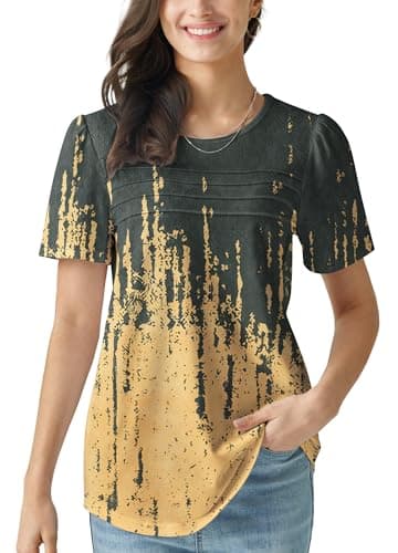 Women's Cute Spring Summer Tops Casual Trendy 2025 Short Puff Sleeve Shirts for Women Floral Apricot L - Image 1