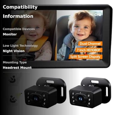 Baby Car Camera for 2 Kids - 7 Inch HD1080P Split Screen Baby Monitor with Dual Backseat Camera 150° Wide View & 360° Rotatable, Night Vision Easy Install, Rear-Facing Baby Car Mirror - Image 3