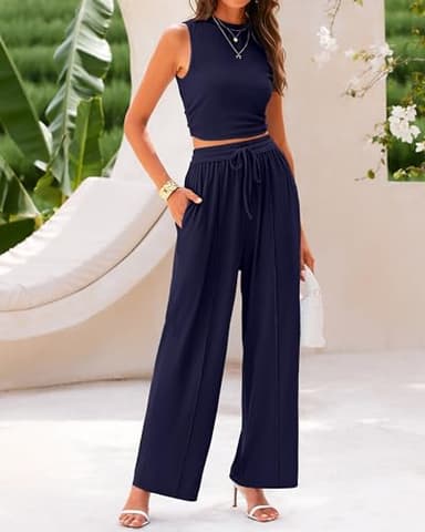 BTFBM Women Summer 2 Piece Outfits 2025 Beach Crew Neck Sleeveless Cropped Top Elastic Waist Wide Leg Pants Lounge Set(Navy, Medium) - Image 4