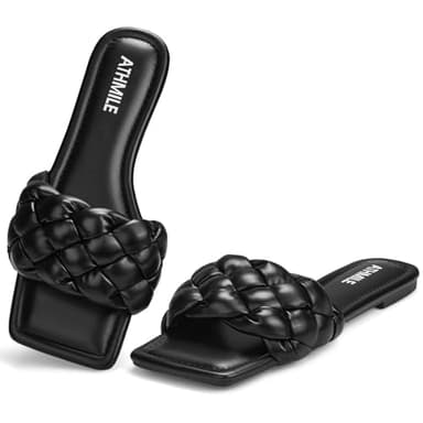 ATHMILE Braided Womens Sandals Square Open Toe Fashion Slide Sandals Women Dressy Summer Flat Beach Black 2025 Size 8 - Image 1