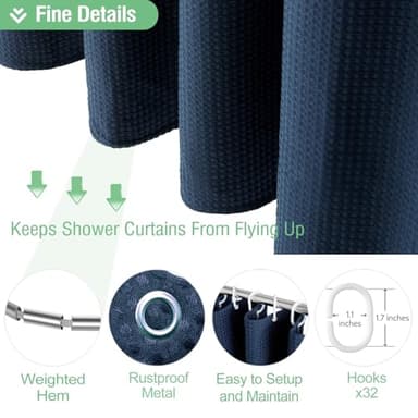 Dynamene Extra Wide Shower Curtain - 180 Inch Wide Waffle Weighted Thick Cloth Bathroom Shower Curtain, Neutral Heavy Duty Hotel Shower Curtain Set with 32 Plastic Hooks,180x72, Navy Blue - Image 5