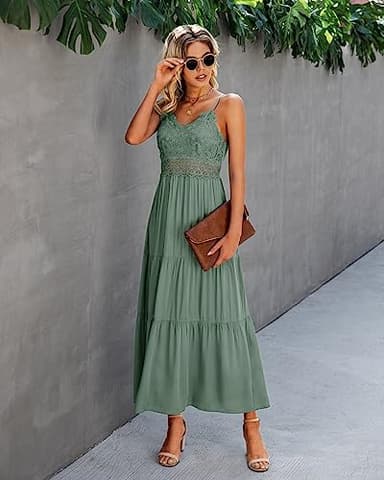 Dokuritu Women's Beach Crochet Lace Maxi Dress Wedding Guest Bridesmaid Cocktail Summer Spaghetti Strap Long Sage Green Dresses 2025(SproutGreen,L) - Image 2