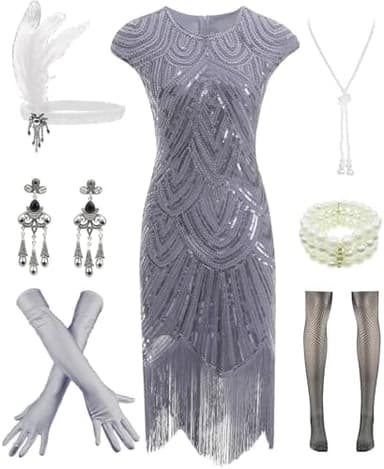 Letter Love Womens Vintage Lace Fringed Gatsby 1920s Cocktail Dress with 20s Accessories Set - Image 3