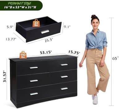 WLIVE Wood Dresser for Bedroom, Black 53'' Wide Chest of Drawers with 6 Drawer, Oak Furniture Large Storage Tower Unit, Closet Store Organizer for Living Room, Hallway, TV Stand, Modern Minimalist - Image 5