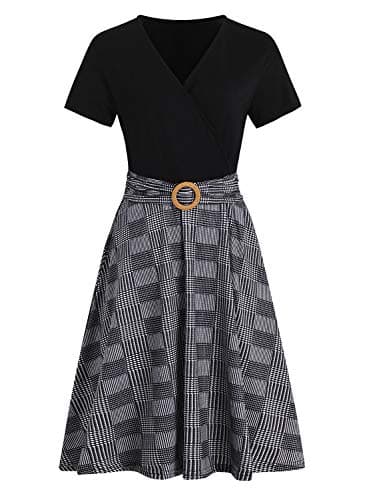 Women's Elegant Criss-Cross V Neck Vintage Short Sleeve Work Casual Party Swing Tea Dress with Pockets 980 (XL, Black Plaid) - Image 2