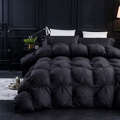 Three Geese Pinch Pleat Waterfowl Feathers and Down Comforter Queen Size Duvet Insert, 1200TC 100% Cotton Fabric, Premium All Seasons BlackGrey Warm Hotel Comforter with 8 Tabs. - Image 1