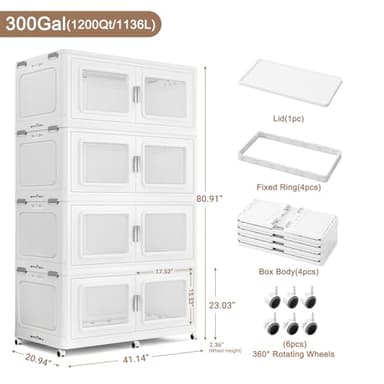 BROVIEW 300Gal Extra Large Storage Bins with Lid, 1200Qt Plastic Stackable Storage Bins with Wheels, Collapsible Closet Organizer and Storage Drawers, Storage Cabinets for Home, Office, 4 Pack, White - Image 2
