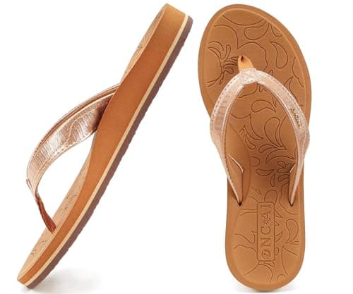 ONCAI Women's Flip Flops Comfortable Summer Beach Thong Sandals for Women 2025 with Cushion Walking Arch Support Yoga Mat Indoor Outdoor Soles Khaki Size 7 - Image 1