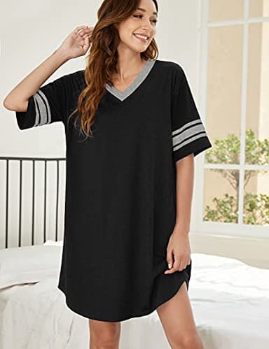 Ekouaer Womens Nightgown Cotton Sleepwear Short Sleeve Sleep Shirt V Neck Color Block Nightshirt XL Black - Image 3