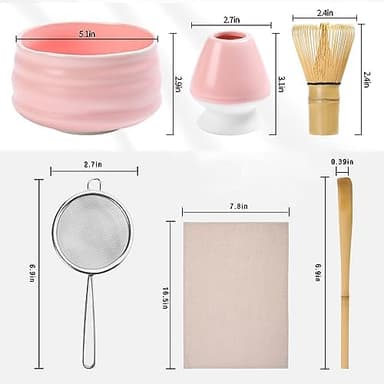 Ceremony Matcha Kit - Traditional Bamboo Matcha Whisk (Chasen) Scoop (Chashaku) Chawan Bowl with Pouring Spout Whisk Holder Sifter Tea Tray- The Perfect Matcha Set (Set of 6, Pink - Image 3