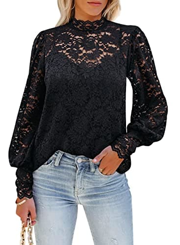 DOROSE Cute Tops for Women Trendy Sexy Casual Lace Long Sleeve Blouse Shirts Black XL - Image 1