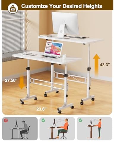 Small Standing Desk Adjustable Height, Mobile Stand Up Desk with Wheels, 32 Inch Portable Rolling Desks Computer Office Workstations for Walking Pad Treadmill White - Image 3