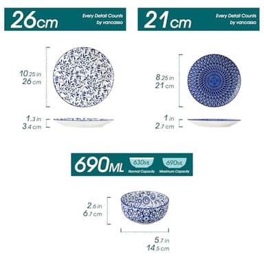 vancasso SELENE Plates and Bowls Set for 6, 18 Pieces Dinnerware Sets, Mircowave and Dishwasher Safe Dishes Set, Porcelain Blue Dinnerware - Image 2