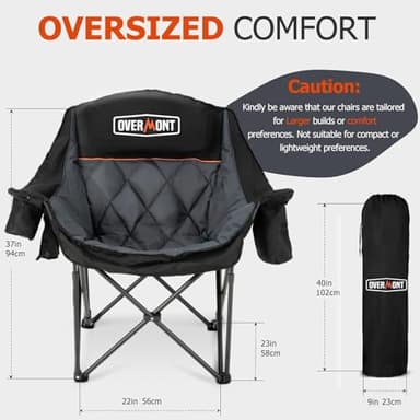 Overmont Oversized XL Camping Chair for Adults - 400lbs Support Heavy-Duty Padded Folding Chair with Side Pocket Cup Holder Cooling Bag for Outdoor Sports Garden Beach Fishing Lawn Black - Image 5