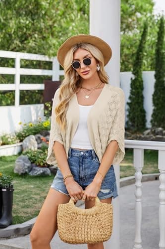 Women's 2024 Batwing Crochet Open Front Summer Shrug Cardigan Apricot M - Image 3