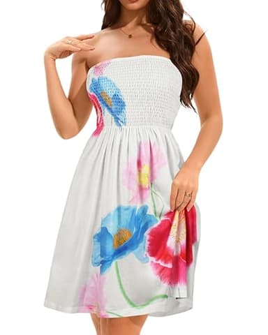 elescat Summer Dresses for Women Strapless Casual Beach Cover Ups Tube Top Sundress（White Lotus, L - Image 2